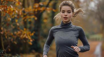 mujer corriendo mediante bosque en gris parte superior foto