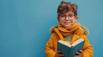 Young Boy Wearing Glasses Holds Open Book Against Blue Wall photo