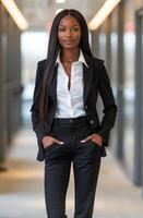 Businesswoman in Black Suit Walking Through Modern Office Building photo
