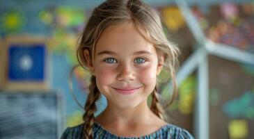 joven niña sonriente en salón de clases con viento turbina modelo en antecedentes foto