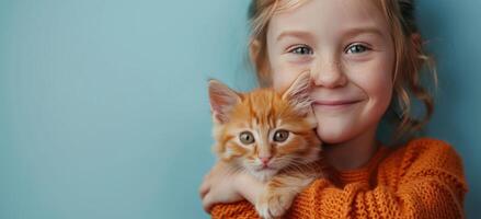 sonriente joven niña participación un jengibre gatito en contra un ligero azul antecedentes foto