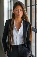 mujer con marrón pelo vistiendo un blanco camisa y beige chaqueta de sport en un moderno oficina ajuste foto