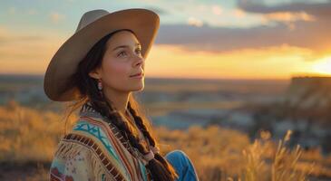 mujer en vaquero sombrero sentado en campo foto