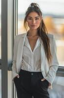 mujer con marrón pelo vistiendo un blanco camisa y beige chaqueta de sport en un moderno oficina ajuste foto