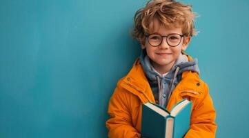 Young Boy Wearing Glasses Holds Open Book Against Blue Wall photo