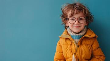 Young Boy Wearing Glasses Holds Open Book Against Blue Wall photo