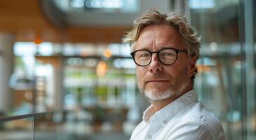 Middle-Aged Man With Glasses Looking Directly at Camera in Modern Office Building photo