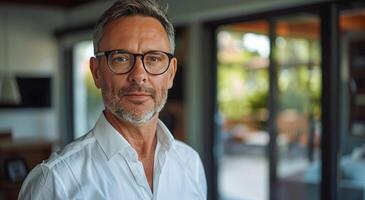 Mature Man Wearing Glasses and White Shirt Indoors During Daytime photo