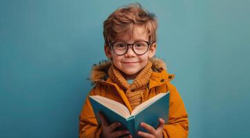 joven chico en lentes leyendo un libro en contra un azul antecedentes foto