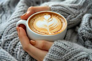 Close Up of Hands Holding a Cup of Latte With Leaf Design photo