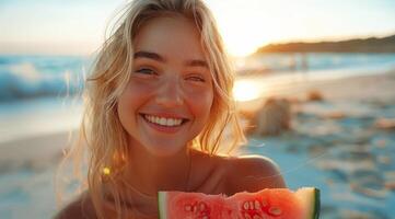 Woman Smiles Holding Slice of Watermelon photo