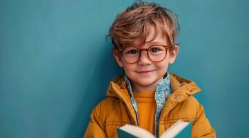 Young Boy Wearing Glasses Holds Open Book Against Blue Wall photo