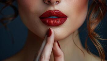 Close Up of Womans Red Lips With Finger on Chin photo