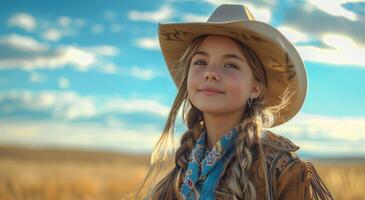 mujer en vaquero sombrero en pie en campo foto