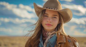 mujer en vaquero sombrero en pie en campo foto