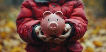 niño participación rosado cerdito banco en otoño hojas foto