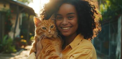 sonriente mujer participación naranja gato en su brazos fuera de durante dorado hora foto