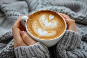 Close Up of Hands Holding a Cup of Latte With Leaf Design photo