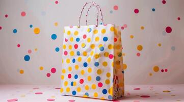 Yellow Paper Bag With Multicolored Polka Dots photo