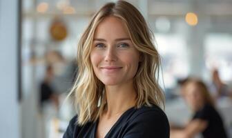 Woman With Blonde Hair Smiling in an Office Setting photo