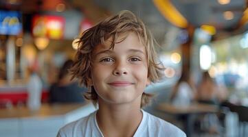 Smiling Young Girl With Curly Hair in a Public Space photo