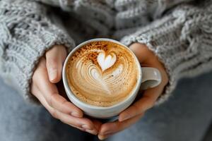 Close Up of Hands Holding a Cup of Latte With Leaf Design photo