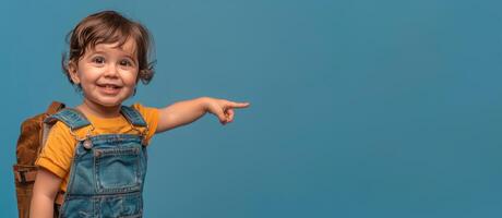 Happy Young Boy Pointing Towards Empty Space While Wearing Backpack on Blue Background photo
