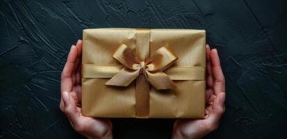 Womans Hands Holding a Gold Gift Box With a Bow on a Black Background photo