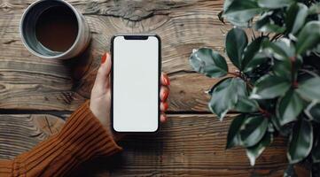 Woman Holding Smartphone With Blank Screen, Coffee and Plants on Wooden Table photo