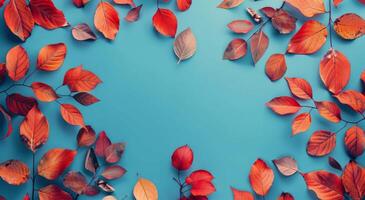 Autumn Leaves Frame on Blue Background photo