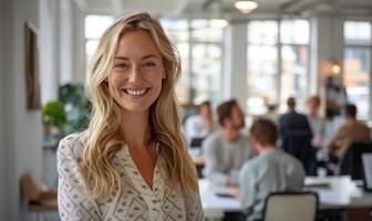 Smiling Woman In White Shirt At Modern Office During Day photo