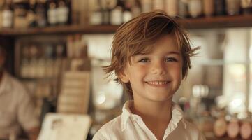 Young Boy With Wavy Blonde Hair Smiling in a Coffee Shop photo