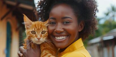 Woman Smiling and Holding Orange Cat Outdoors in Summer photo