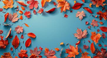 Autumn Leaves Frame on Blue Background photo