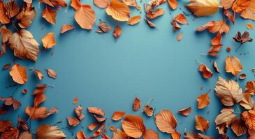 Autumn Leaves Frame on Blue Background photo