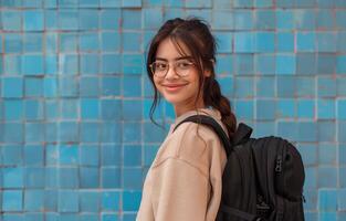 joven mujer con mochila sonrisas mientras en pie en frente de azul loseta pared foto