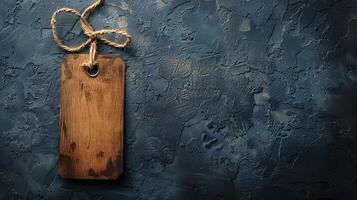 Rustic Wooden Tag Hanging on a Blue Textured Background photo