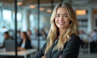 Confident Businesswoman Smiling in Modern Office Setting photo