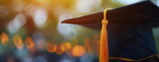 Black Graduation Cap With Gold Tassel On A Sunny Day photo