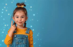 Happy Young Girl With Pigtails Points Up In Front Of Blue Background photo