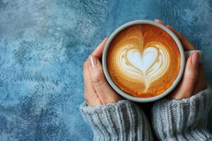Hands Holding a Cup of Latte With Heart Design on a Blue Surface photo