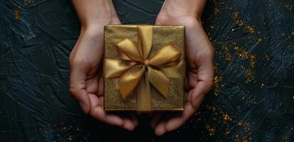 Close Up Of Hands Holding Gold Gift Box With Bow photo