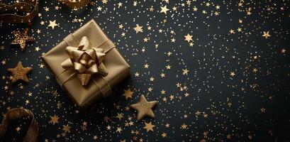 Gold and Black Wrapped Gifts With Starry Background photo