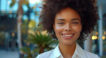 Portrait of a Smiling Woman With Curly Hair in a City Setting photo