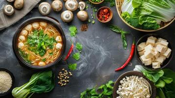 mesa conjunto con bochas de sopa y vegetales foto