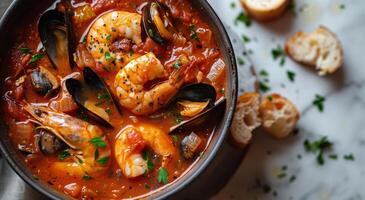 Pot of Shrimp and Tomato Soup With Spoon photo