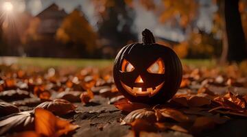 realistic close up pumpkin lantern with spooky light effect, halloween celebration background in autumn, 4k resolution footage, generate ai video