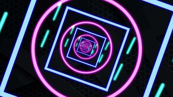 Neon glow animation geometric shapes in blue and purple colors on black background video