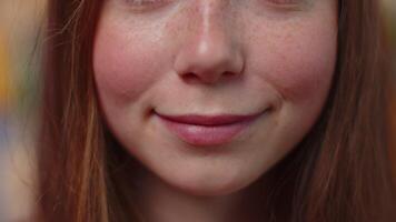 Portrait close-up of young happy redhead woman smile mouth, red lipstick, female model smiles wide video