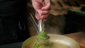 Roll Green Vegetable Tagliatelle Pasta Food Into A Spoon video